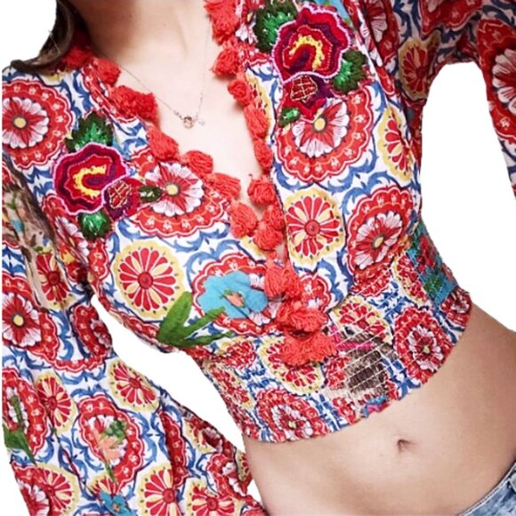 NWT Antica Sartoria Embroidered Tassel Crop Top Multicolor Boho One Size - Picture 7 of 10